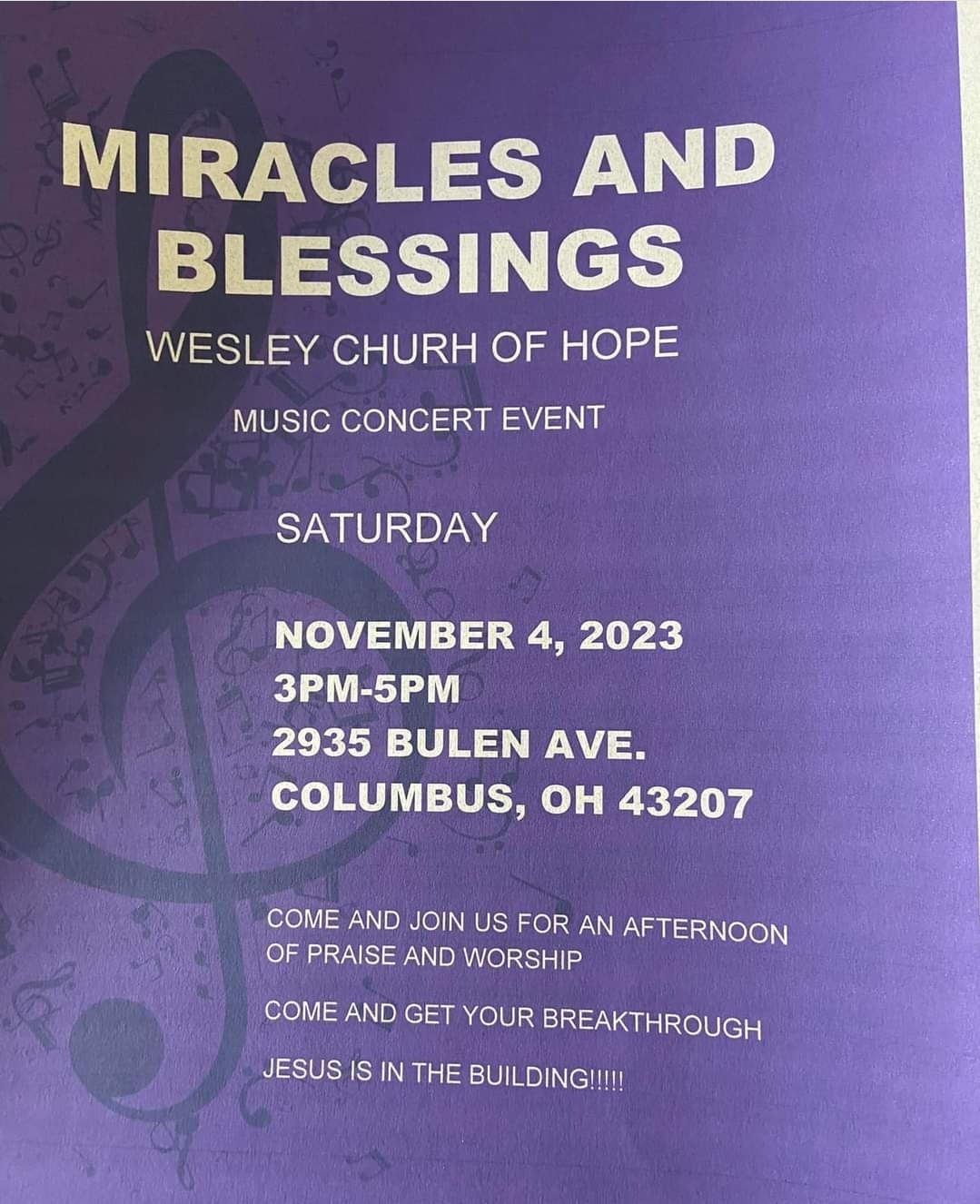 Miracles and blessing concert flyer